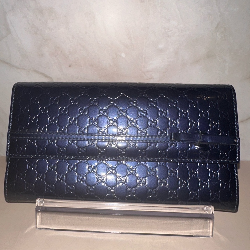 Gucci navy Guccissima patent leather long wallet